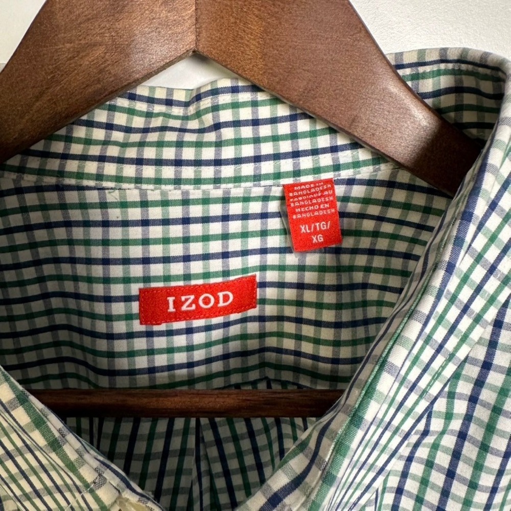 IZOD Mens XL Tattersall Check Button Down Shirt Green Navy Blue 100% Cotton L/S - Picture 3 of 4